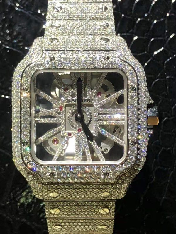 Santos De Cartier Skeleton Iced Out with Moissanite WHSA0015